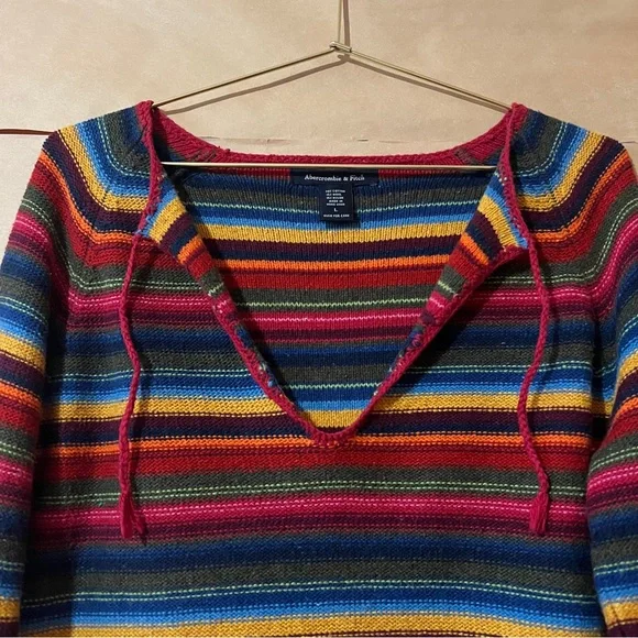 Vintage Abercrombie Stripe Tie Neck Sweater Flare Sleeve Cotton Wool Y2K Size L - Picture 4 of 14